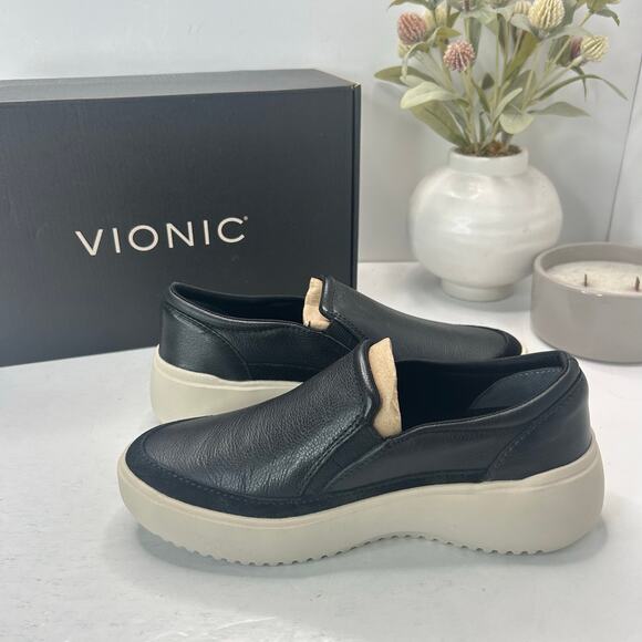 7 Vionic Kearny Platform Leather Slip-On Sneaker Loafer Black Women 5M preloved - Picture 6 of 10